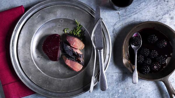 Mike Eggert's rare roasted saddle of goat with ashed bread crust, roast beetroot and blackcurrant for BeefandLamb.com.au