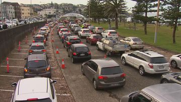 Long lines at Bondi Beach drive-in coronavirus testing clinic.