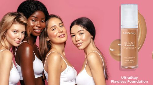 An advertisement for MCoBeauty make-up featuring diverse models.