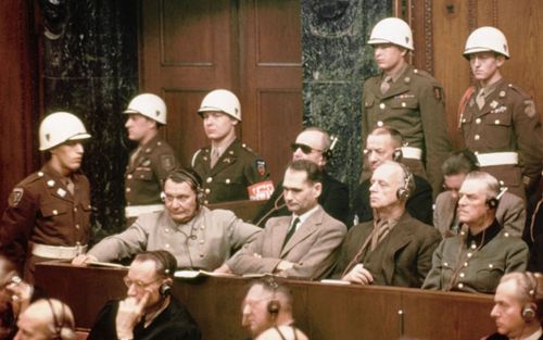 Rudolf Hess, seated, second from left, at the Nuremberg trials in 1946.