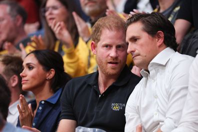 Meghan, Duchess of Sussex, Prince Harry, Duke of Sussex and Johnny Mercer at the sitting volleyball finals at the Merkur Spiel-Arena during the Invictus Games Düsseldorf 2023 on September 15, 2023 in Duesseldorf, Germany