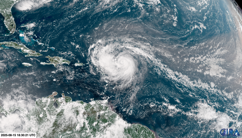 Hurricane Erin churns in the Atlantic Ocean.