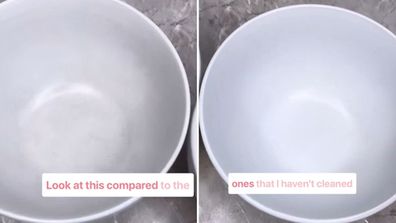 Before and after of a bowl cleaned with bi-carb soda