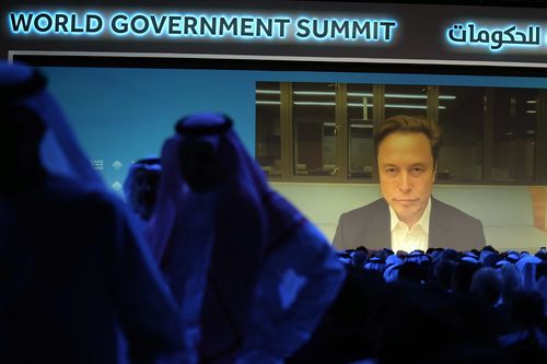 Elon Musk talks virtually during the World Government Summit in Dubai, United Arab Emirates, Wednesday, Feb 15, 2023 