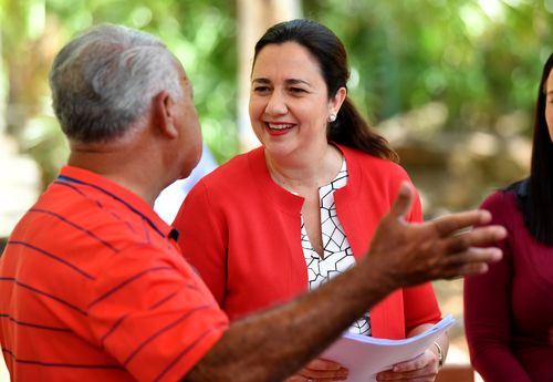 Premier Annastacia Palaszczuk (right) is seen at the Dreamtime Cultural Centre in Rockhampton during the Queensland Election campaign today. (AAP)