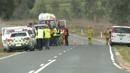 The scene of a crash involving two cars and a fuel truck south of Wodonga today. Picture: 9NEWS