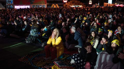 Matildas fans during the Australia v Sweden game at Fan Zone at Tumbalong Park on August 19, 2023.