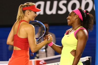 Maria Sharapova and Serena Williams in the women's final during Day 13 of the 2015 Australian Open at Melbourne Park on January 31, 2015.