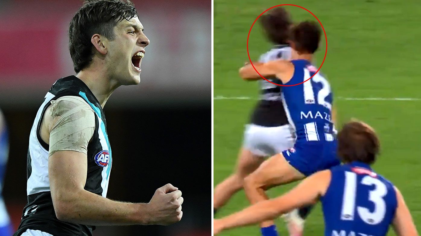 Port Adelaide youngster Zak Butters facing suspension for high hit on Kangaroos star Jy Simpkin