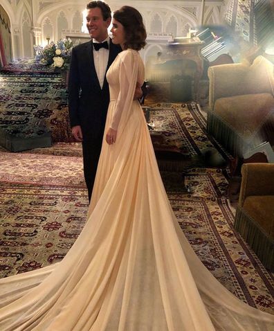 Jack Brooksbank and Princess Eugenie before their evening wedding reception in Zac Posen