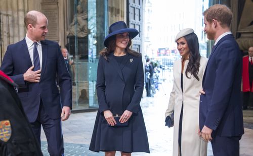 Meghan and Harry chat to William and pregnant Kate before the service. Picture: PA/AAP