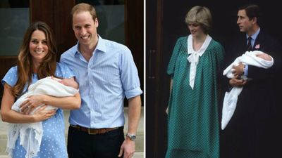Kate Middleton with baby Prince George, 2013; Princess Diana with baby Prince William, 1982
