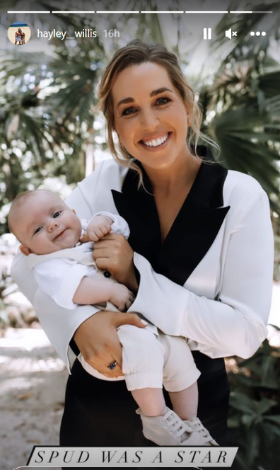 Former sport reporter Hayley Willis with her son Spencer on her wedding day, October 2022.