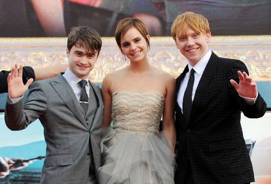 Daniel Radcliffe, Emma Watson and Rupert Grint attend the World Premiere of Harry Potter And The Deathly Hallows Part 2 in Trafalgar Square on July 7, 2011 in London, England. 