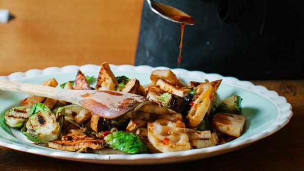 Hetty McKinnon's chargrilled Brussels sprouts with lotus root and sweet marinated tofu