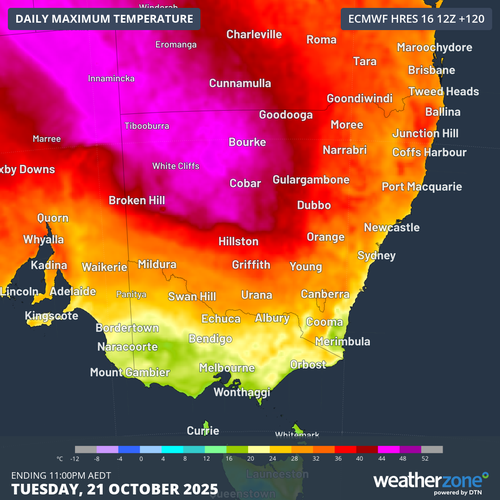 Maximum temperatures for next Tuesday showing temperatures as high as 44 degrees in pink.