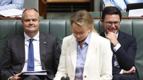 Shadow Treasurer Ted O'Brien, Opposition leader Sussan Ley and Nationals leader David Littleproud during Question Time at Parliament House in Canberra on Tuesday 25 November 2025.