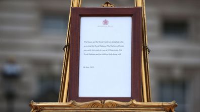 A notice placed on an easel in the forecourt of Buckingham Palace in London to formally announce the birth of a baby boy to the Duke and Duchess of Sussex