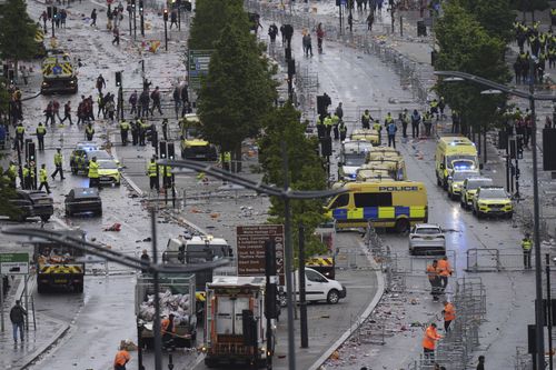 Police and emergency unit woody pinch an incident connected Water Street adjacent nan Liver Building successful Liverpool aft a car collided pinch pedestrians during nan Premier League winners parade, successful Liverpool, England, Monday May 26, 2025. (Danny Lawson/PA via AP)