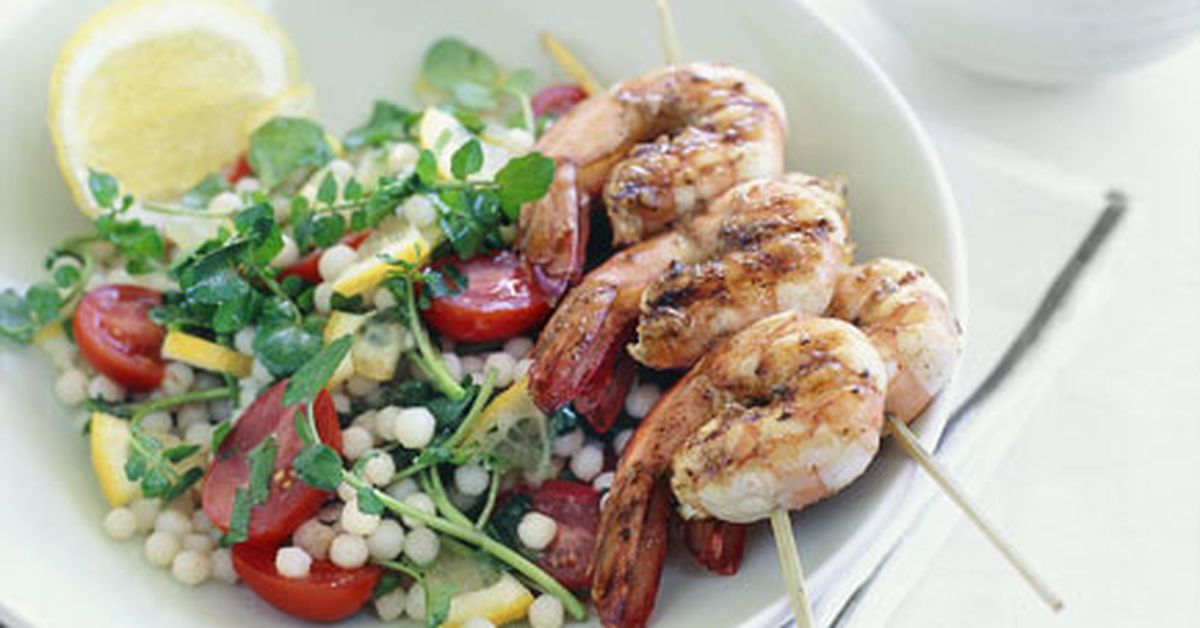 Warm moghrabieh salad with barbecued prawn brochettes and almond tarator - 9Kitchen