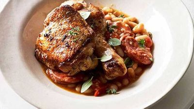 Recipe:&nbsp;<a href="http://kitchen.nine.com.au/2016/05/16/15/01/paprika-roast-chicken-with-chorizo-and-white-beans" target="_top">Paprika roast chicken with chorizo and white beans</a>