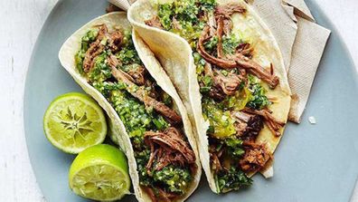 Brisket tortillas with green chilli, tomatillo and cucumber salsa