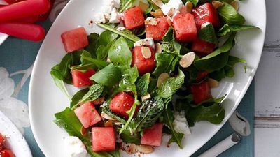 Click through for our cooling <a href="http://kitchen.nine.com.au/2016/05/16/13/42/watermelon-salad" target="_top">watermelon salad</a> recipe