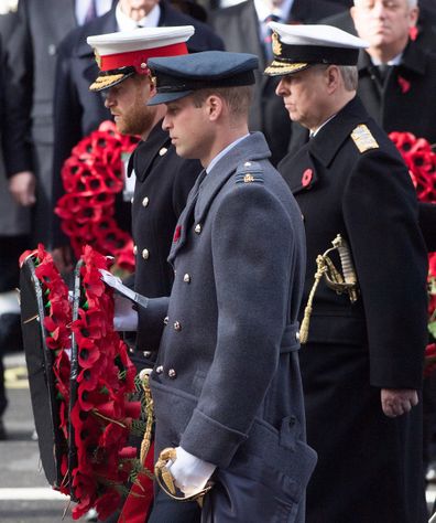 Harry, William and Prince Andrew attend the service in 2018.