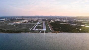 Brisbane Airport runway and a view over Moreton Bay. 