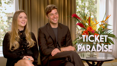Billie Lourd (left) and Lucas Bravo (right) during the Ticket to Paradise movie junket