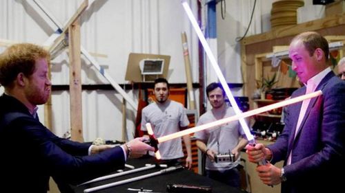Prince William and Prince Harry had a lightsaber fight while visiting the Star Wars set. (Twitter: @KensingtonRoyal)