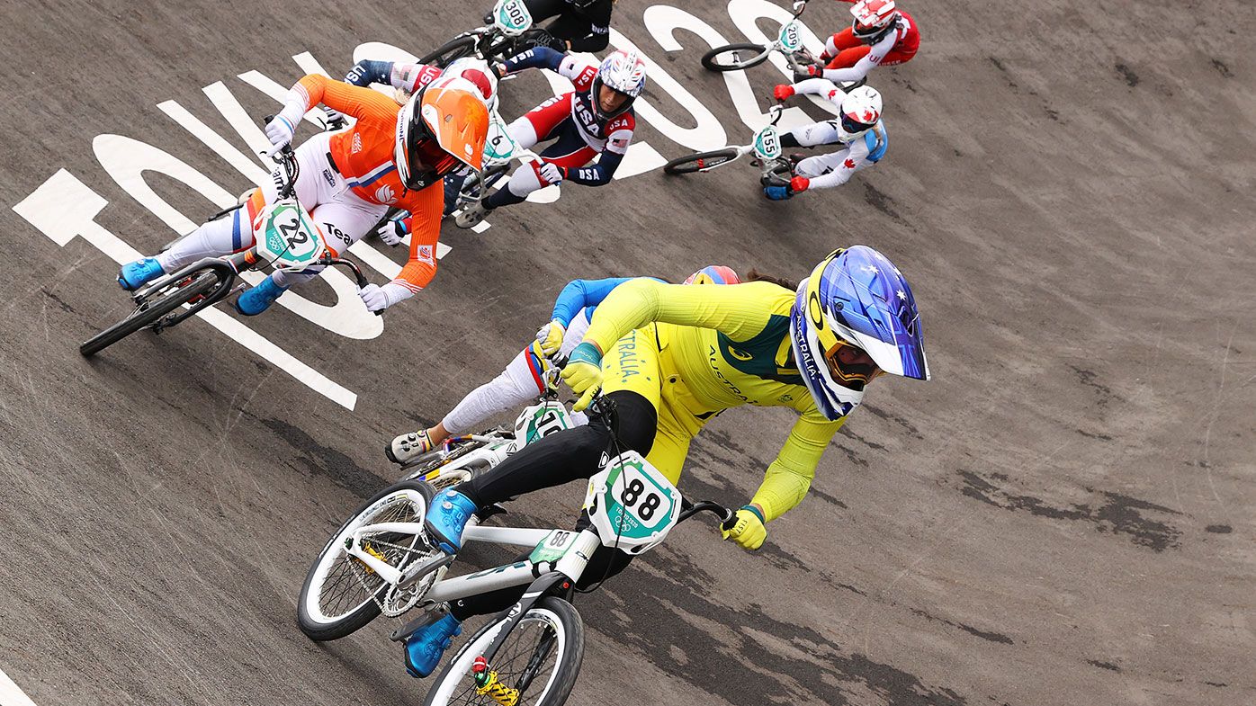 Saya Sakakibara of Team Australia, Merel Smulders of Team Netherlands, Mariana Pajon of Team Colombia, Felicia Stancil of Team United States, Rebecca Petch of Team New Zealand, Drew Mechielsen of Team Canada and Zoe Claessens of Team Switzerland as they compete during the Women&#x27;s BMX semifinal heat 1, run 2 on day seven of the Tokyo 2020 Olympic Games at Ariake Urban Sports Park on July 30, 2021 in Tokyo, Japan. (Photo by Francois Nel/Getty Images)