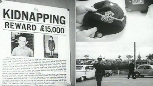 A photo of Graeme Thorne's missing poster, school cap and police presence following his disappearance in July 1960.