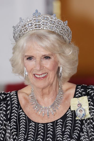 Camilla, Queen Consort attends a State Banquet at Bellevue Palace during King Charles III and The Queen Consort's first state visit to Germany on Wednesday March 29 2023 wearing the Boucheron Greville tiara and the Queen's diamond fringe necklace.
