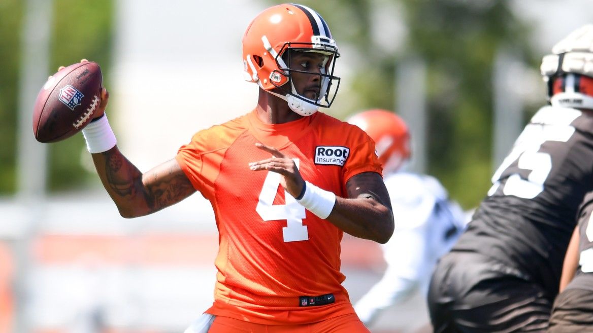 Deshaun Watson of the Cleveland Browns throws a pass during Cleveland Browns training camp