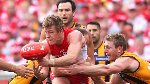  Luke Parker of the Swans handballs whilst being tackled. (Getty)