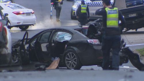 A convoy of suspected stolen vehicles has caused chaos in Melbourne, slamming into parked cars and sending them spinning into front yards.