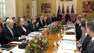 Australia&#x27;s Defence Minister Richard Marles, center left, addresses US Secretary of State Antony Blinken, centre right, and US Secretary of Defence Lloyd Austin as Australia&#x27;s Foreign Minister Penny Wong, left of Marles, looks on during Session I at Queensland Government House in Brisbane, Australia, Saturday, July 29, 2023. 