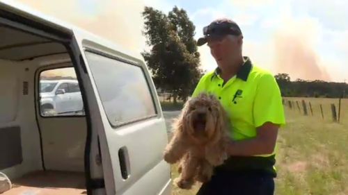 Resident Mark Boswerger places his neighbour's dog in the safety of his vehicle as the fire burns.