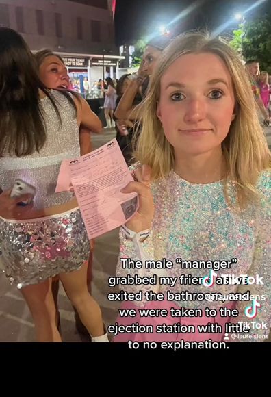 Laurel and her friend were ejected from a Taylor Swift concert for using the men's bathroom due to the long lines at the women's ones.