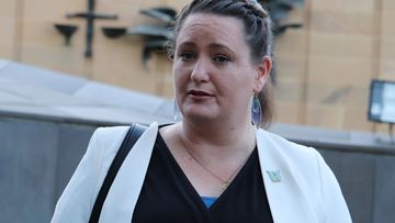 Child sexual abuse survivor Katrina Munting outside the Supreme Court of Tasmania.