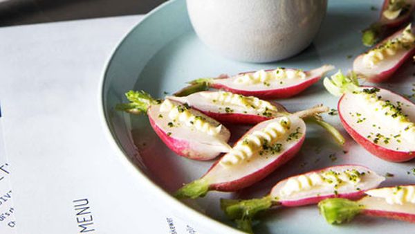 French breakfast radishes, butter and herb salt