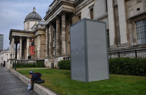 A protective barrier is seen around the statue of George Washington in Trafalgar Square in anticipation of protests today on June 12, 2020 in London, England