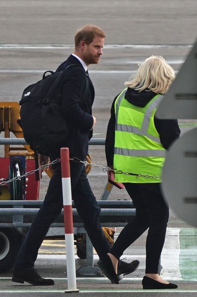 The Duke of Sussex boards a plane at Aberdeen Airport as he travels to London following the death of Queen Elizabeth II on Thursday. Picture date: Friday September 9, 2022. (Photo by Aaron Chown/PA Images via Getty Images)