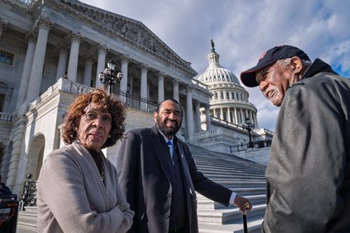 From left, Rep. Maxine Waters, D-Calif., Rep. Al Green, D-Texas, and Rep. Danny Davis, D-Ill., talk on the steps of the House of Representatives before votes to end the government shutdown, at the Capitol in Washington, Wednesday, Nov. 12, 2025. (AP Photo/J. Scott Applewhite)