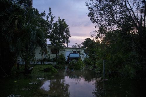 Downed trees and floodwater cover a driveway on Sunray Drive in Bonita Springs. (AP)