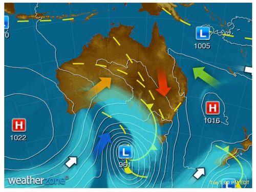 Hot, dry and gusty northerlies for western QLD, inland NSW and VIC ahead of a trough. (Weatherzone)