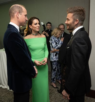 Prince William, Prince of Wales, Catherine, Princess of Wales and David Beckham speak backstage after The Earthshot Prize 2022 at MGM Music Hall at Fenway in Boston.
