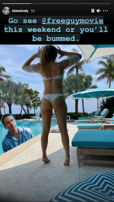 Blake Lively shares cheeky bikini photo to promote husband Ryan Reynolds' new film Free Guy.