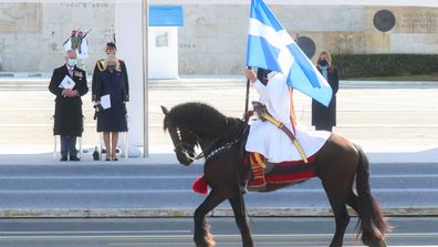 Prince Charles, Prince of Wales and Camilla, Duchess of Cornwall attend the Greek Independence Day Military Parade at Syntagma Square on March 25, 2021 in Athens, Greece